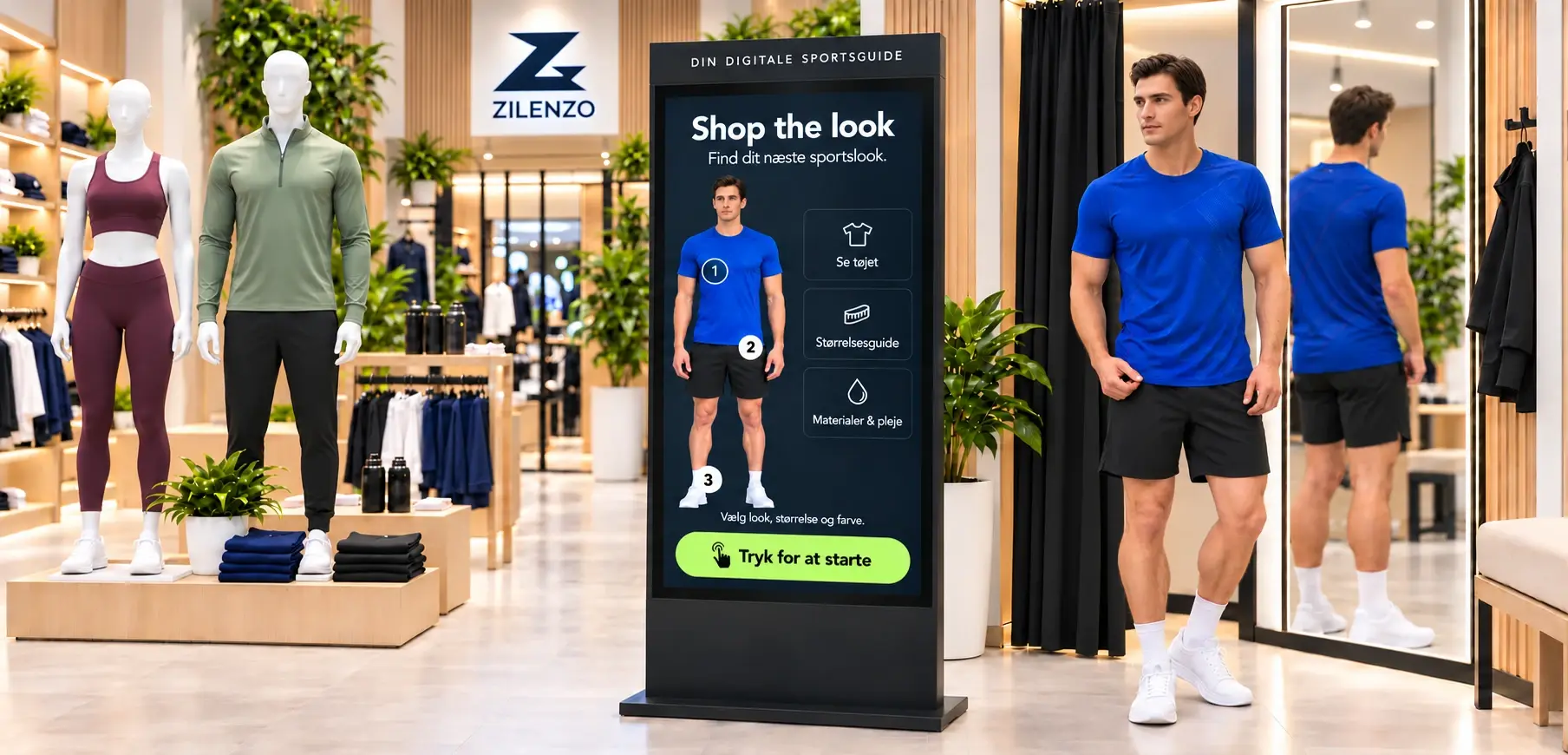 Zilenzo-butik med en digital sportsguide-skærm med Shop the look og et prøverum