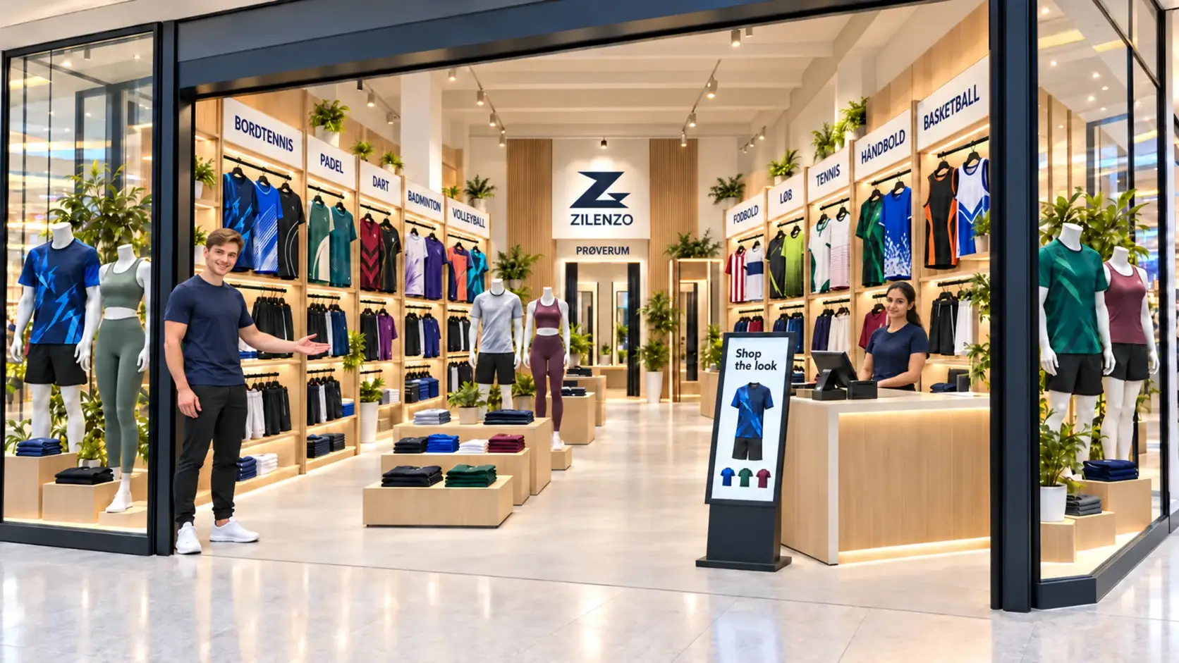 Zilenzo sportsbutik med afdelinger til bordtennis, padel tennis, dart, badminton, volleyball, fodbold, løb, tennis, håndbold og basketball, prøverum og en skærm med Shop the look