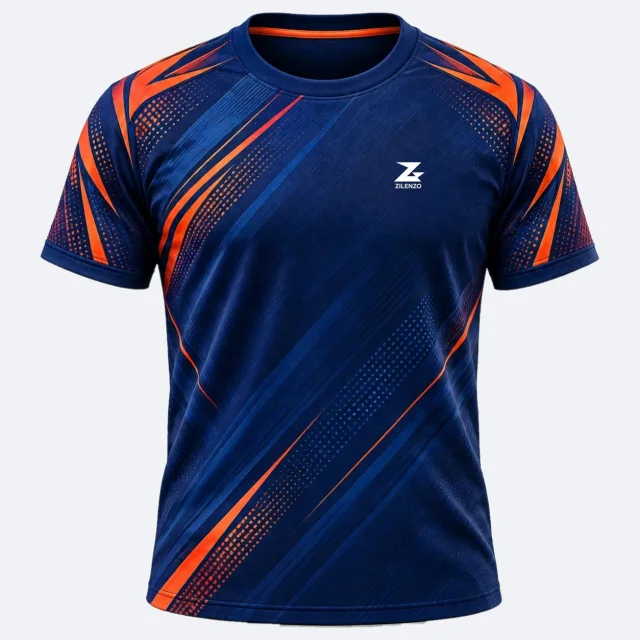 Orange Strike – marineblå Performance T-shirt med orange striber